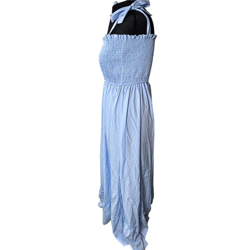 Blue Smocked Maxi Dress With Ruffled Hem & Tie Straps - Picture 2 of 10
